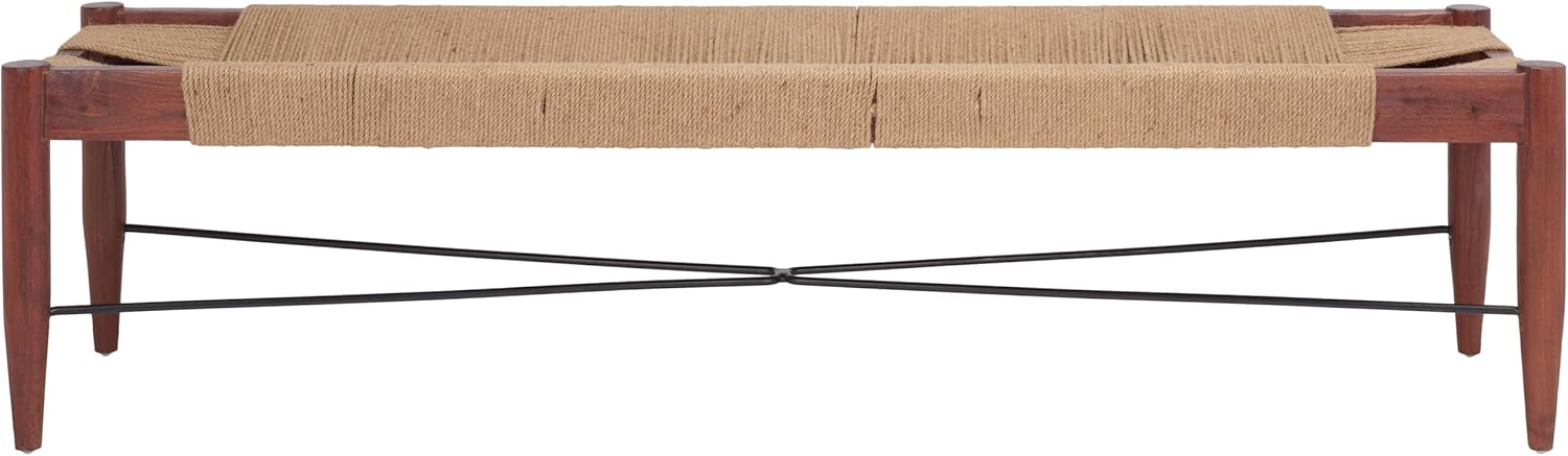 SAFAVIEH Home Collection Arcana Tropical Natural Jute Rope Cognac Brown Sungkai Solid Wood Bench (Fully Assembled)