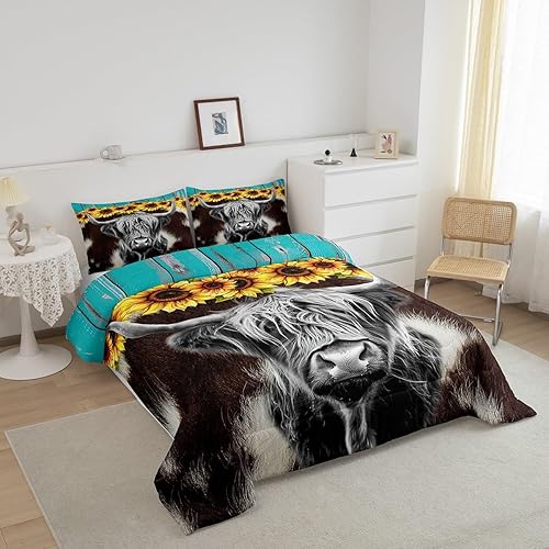 Miniatura 2 de Juego de ropa de cama de vaca de las Highland, edredón con estampado de piel de vaca marrón para niños y niñas, edredón de girasoles en 3D,