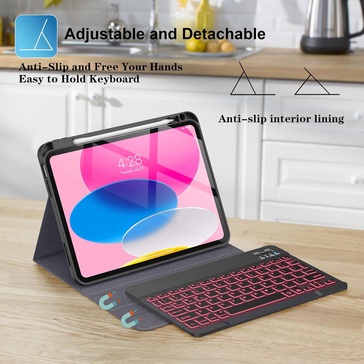 Supveco Keyboard Case for iPad (A16) 11th/10th Generation 11&10.9 Inch with Pencil Holder,7 Colors Backlit Wireless Detachable Folio Keyboard Cover for iPad 11th/10th Gen 2025/2022-Hot Pink
