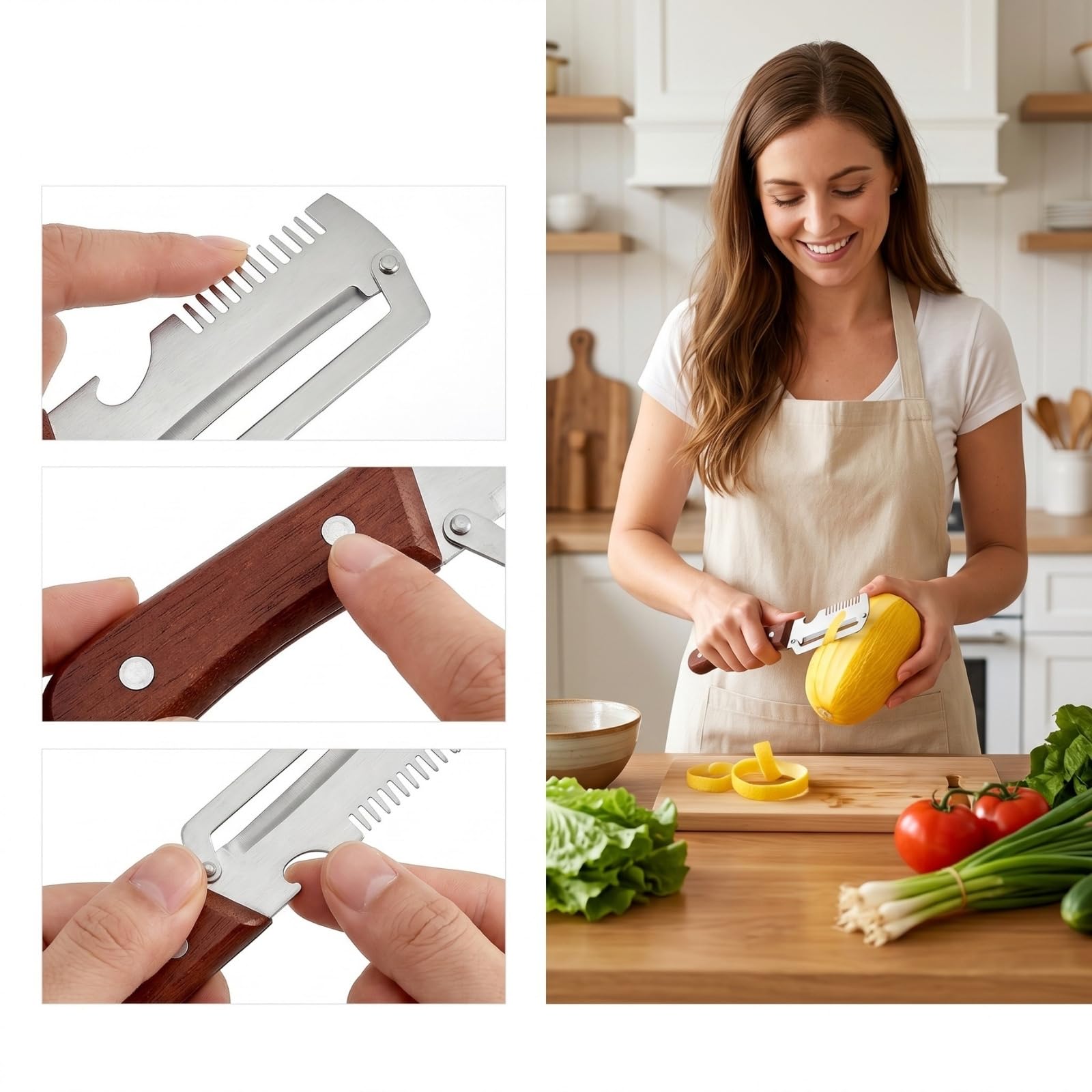2-Pack Multifunctional Vegetable Peeler, 3 in 1 Kitchen Peeler with Wooden Handle, Grater & Bottle Opener for Potato, Carrot, Apple, Fruit & Vegetable — view 4