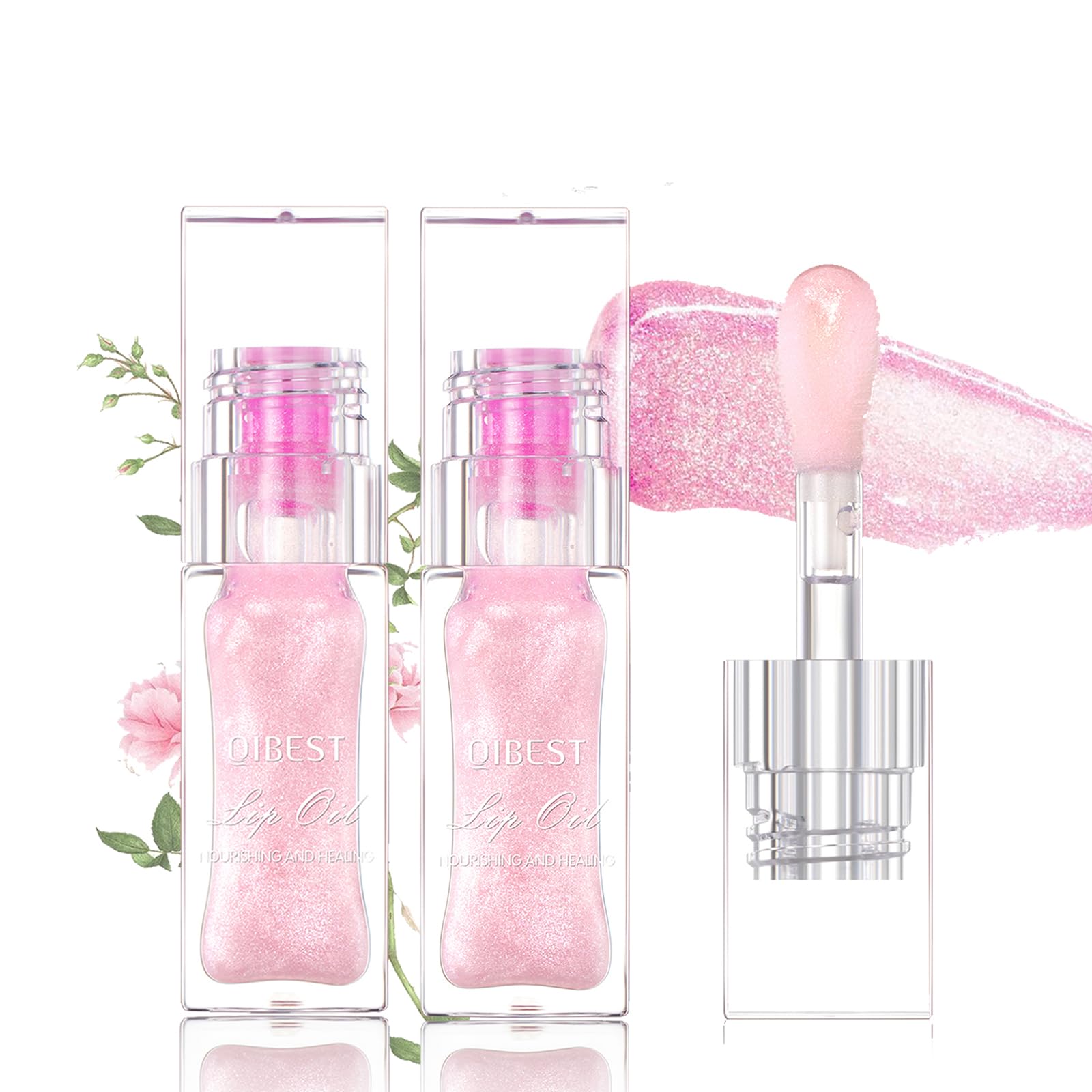 2Pcs Magic Color Changing Lip Oil,Big Brush Head Hydrating Pink Lip Gloss,Moisturizing Lip Oil Set,Smooth Non-Sticky lip glow Oil, Fresh Girl's Lip Care (Pink)