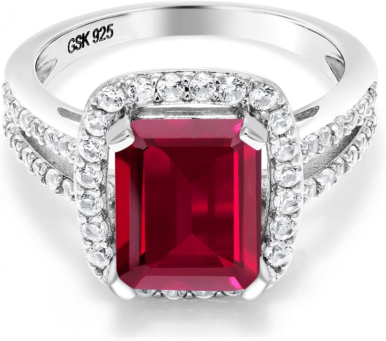 Gem Stone King 4.42 Cttw Red Created Ruby Ring | Engagement Ring For Women | Emerald Cut 10X8MM | Wedding Engagement Anniversary Promise Ring For Women | Available In Size 5, 6, 7, 8, 9