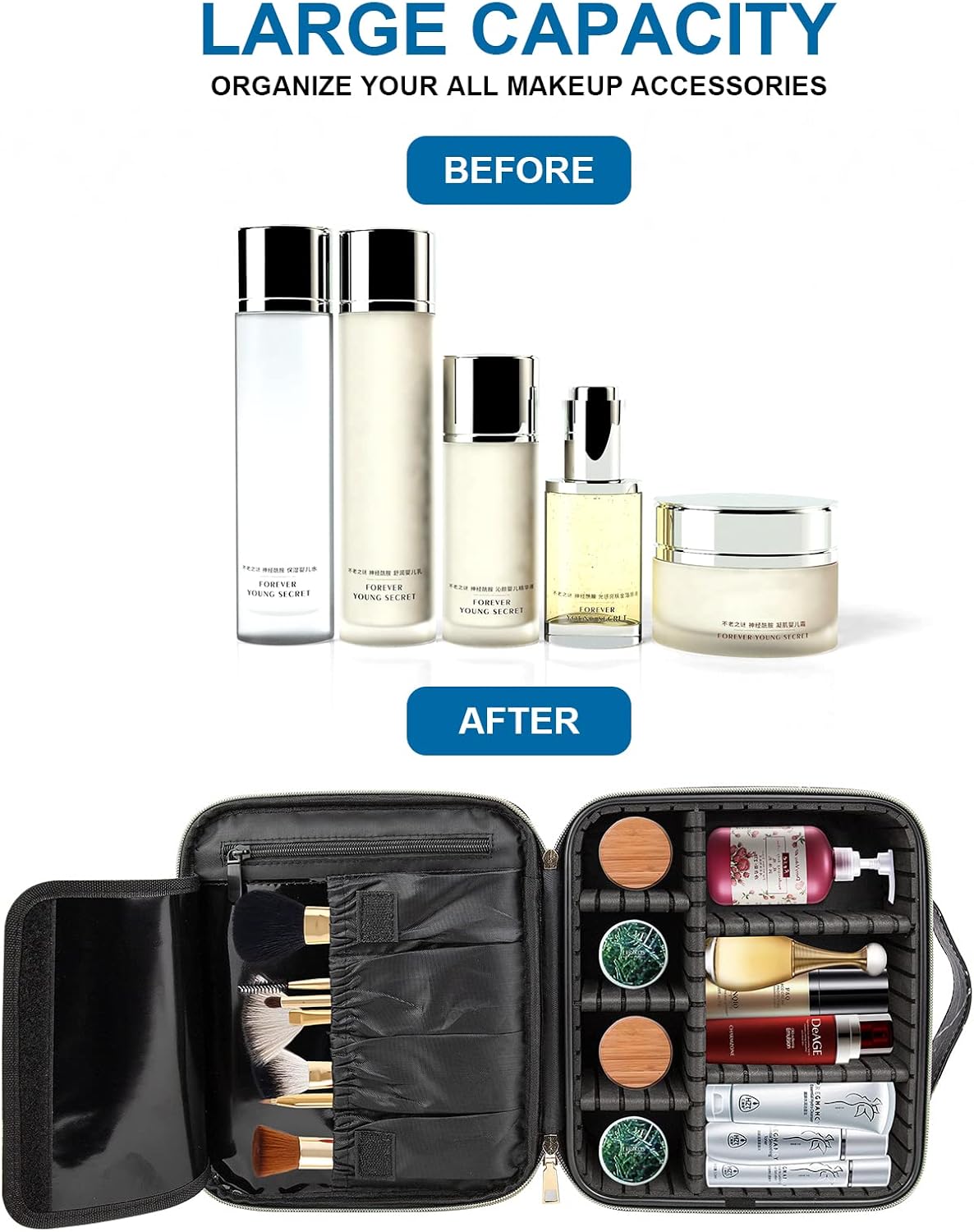 Makeup Cosmetic bag,Black Marble Cosmetic Case Organizers,Travel Makeup Train Case, Waterproof and Adjustable Dividers for Cosmetics,Makeup Brushes(9.8x8.86x3.7 inches)