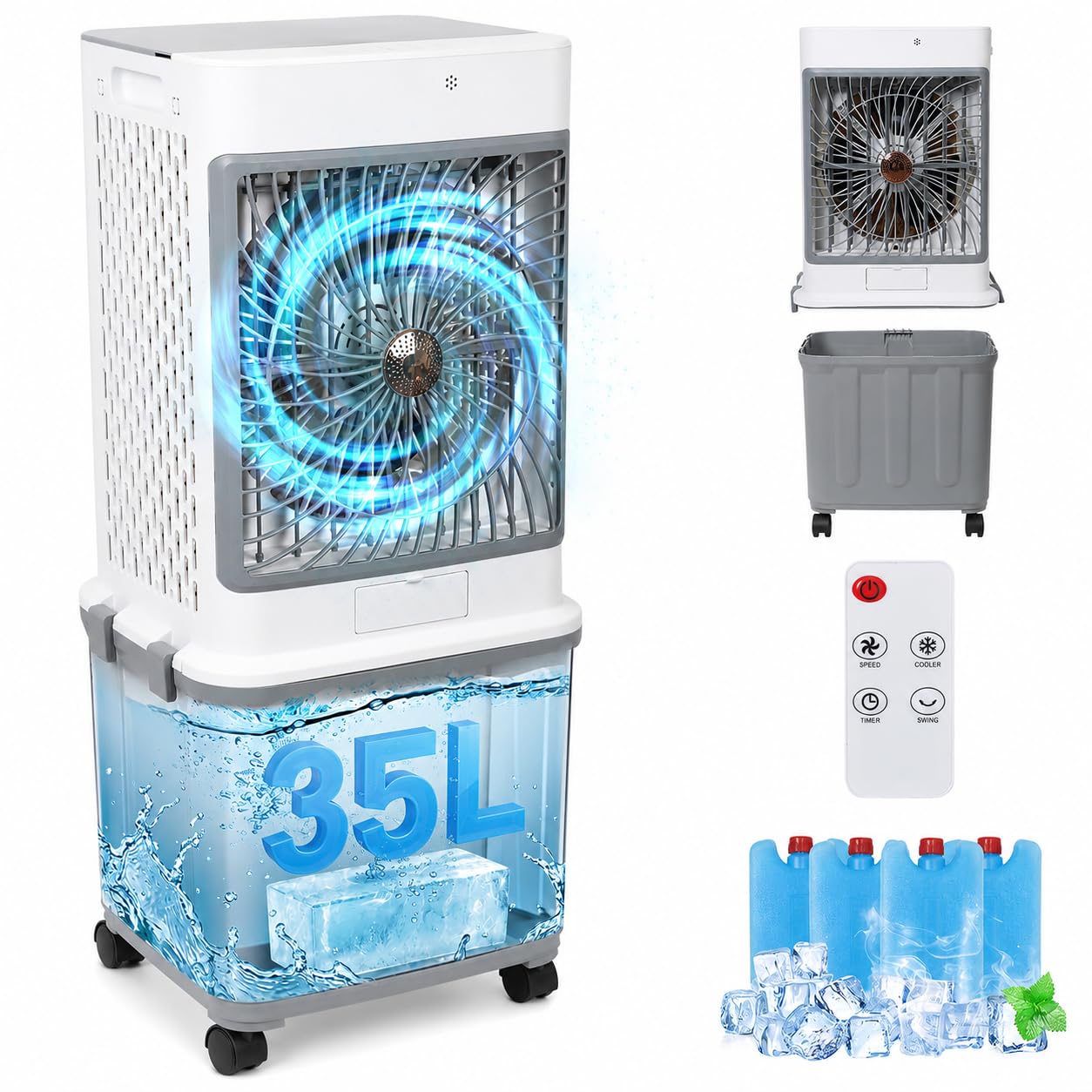 Enfriador evaporativo con depósito de agua grande, 35 L, mando a distancia