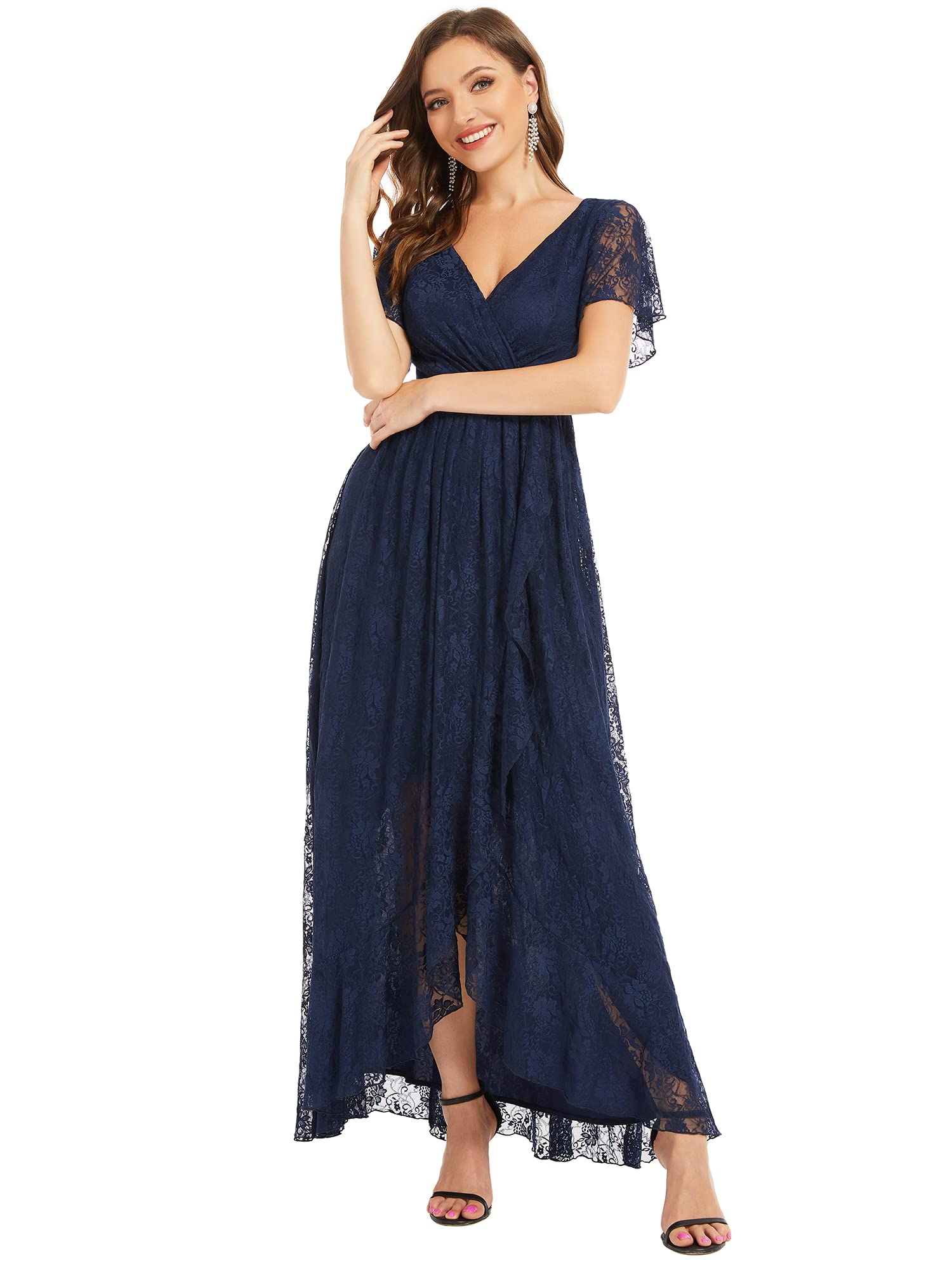 Ever-Pretty Robe Demoiselle d'honneur Femme Longue Asymétrique Dentelle Manches Courtes Col V Fluide Chic EE01489
