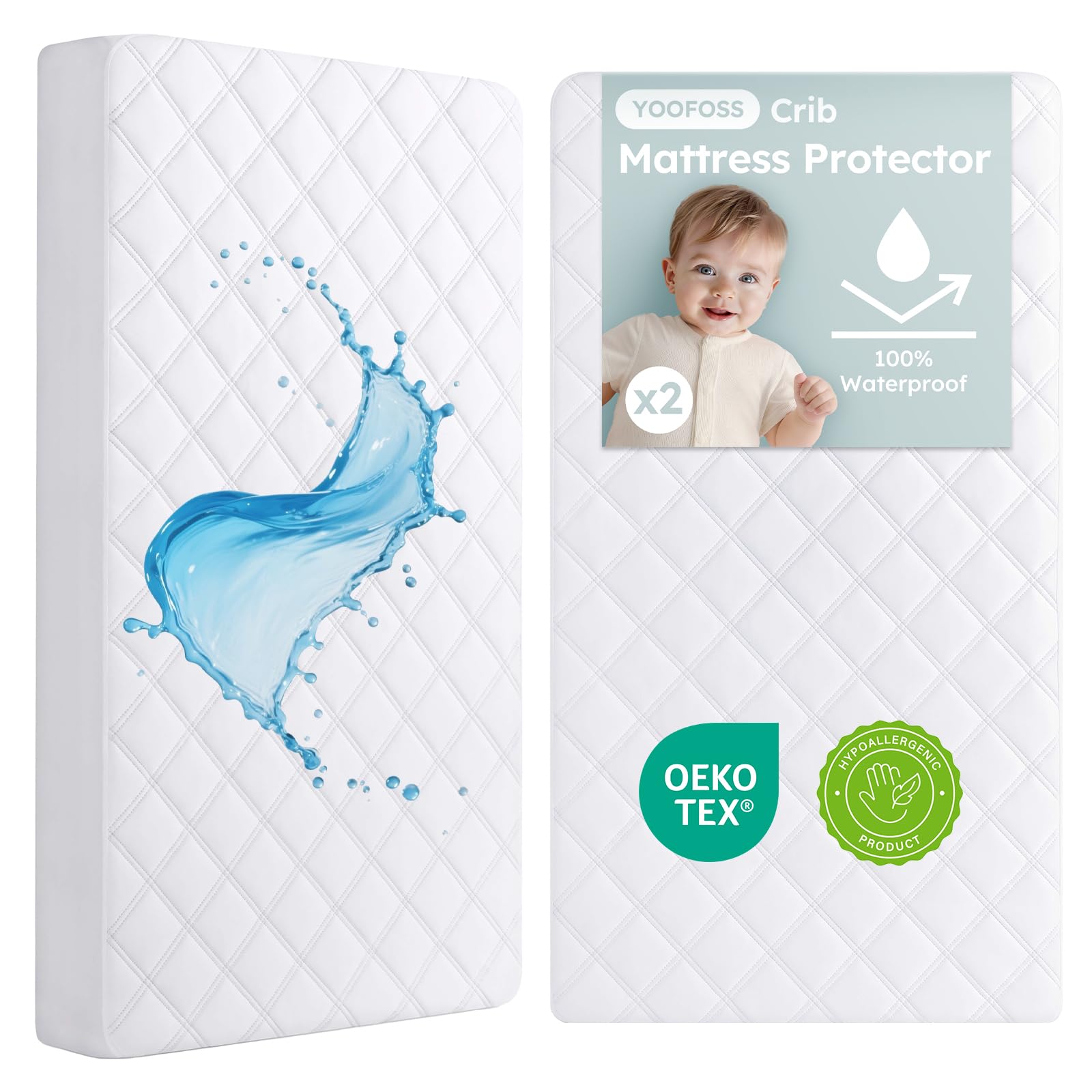 Yoofoss Waterproof Crib Mattress Protector 2 Pack, Quilted Crib Mattress Pad Cover Ultra Soft and Breathable, Machine Washable Toddler Mattress Protector for Standard Baby Crib Size 52''x28''OEKO-TEX STANDARD 100