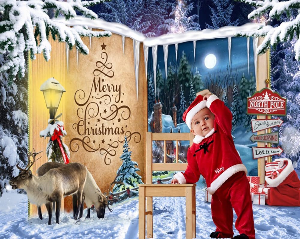 Christmas Backdrop for Photography 10x8ft Fairy Style Door to Christmas Village Background for Party Decorations North Pole Winter Wonderland Night Scenery Backdrop Photo Shoot Props Banner