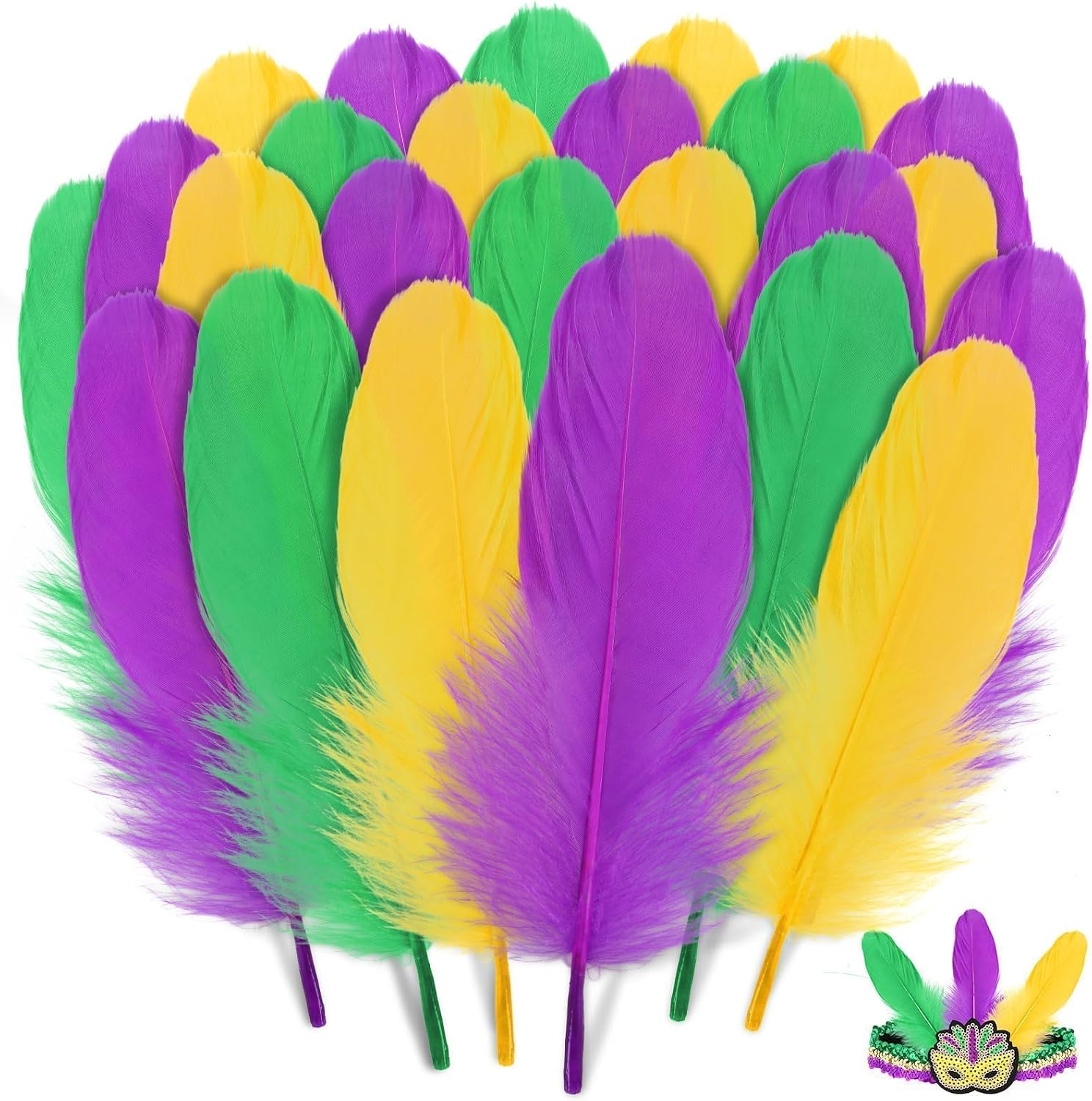 MARFOREVER 200 Pcs Mardi Gras Feathers for Crafts, 4-6.5 inch Purple Green Gold Feather Natural Mardi Gras Feather Bulk for Mardi Gras Themed Carnival Costume Party Decoration DIY Craft Dream Catcher