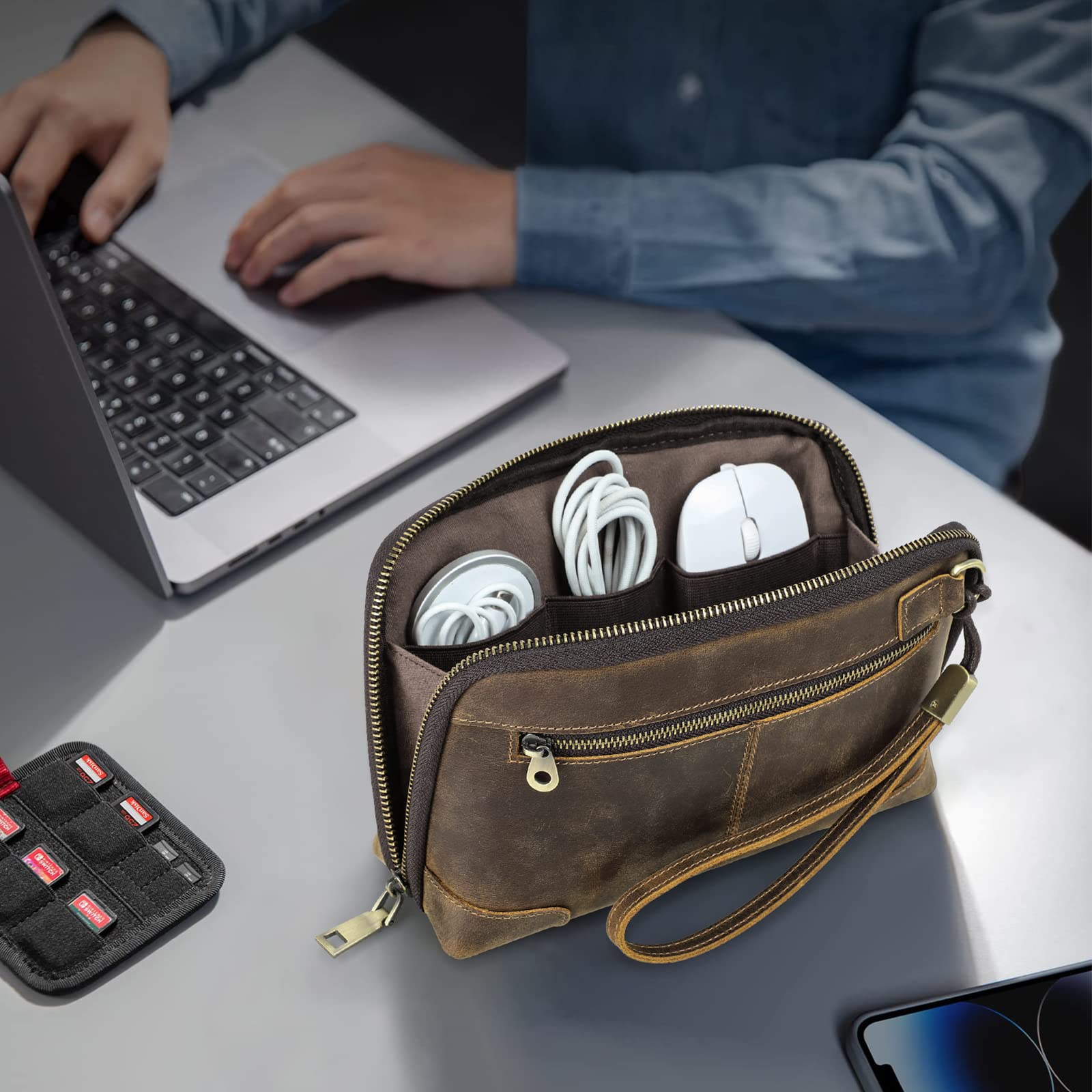 Contacts Bolso de viaje de cuero genuino para hombre con correa de muñeca, cartera con cierre de pasaporte y bolsillo con cremallera, bolso de mano grande con capacidad para teléfono para hombres
