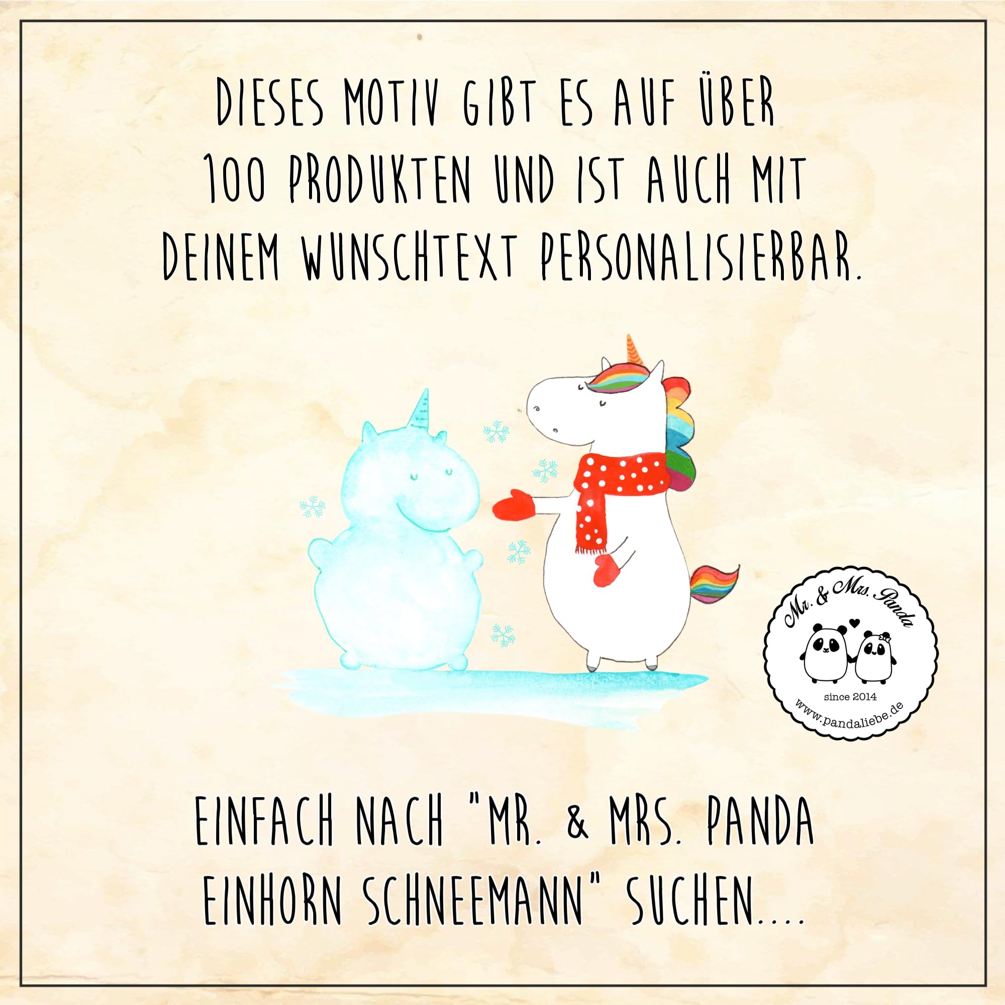 Mr. & Mrs. Panda Personalisierte Fussmatte Einhorn Schneemann 40 x 60 cm - Geschenke, personalisiert, Fußmatte personalisierbar, Schnee, Kuchen, Unicorn, mit Namen, kalt, Name, Mütze, Weihnachten