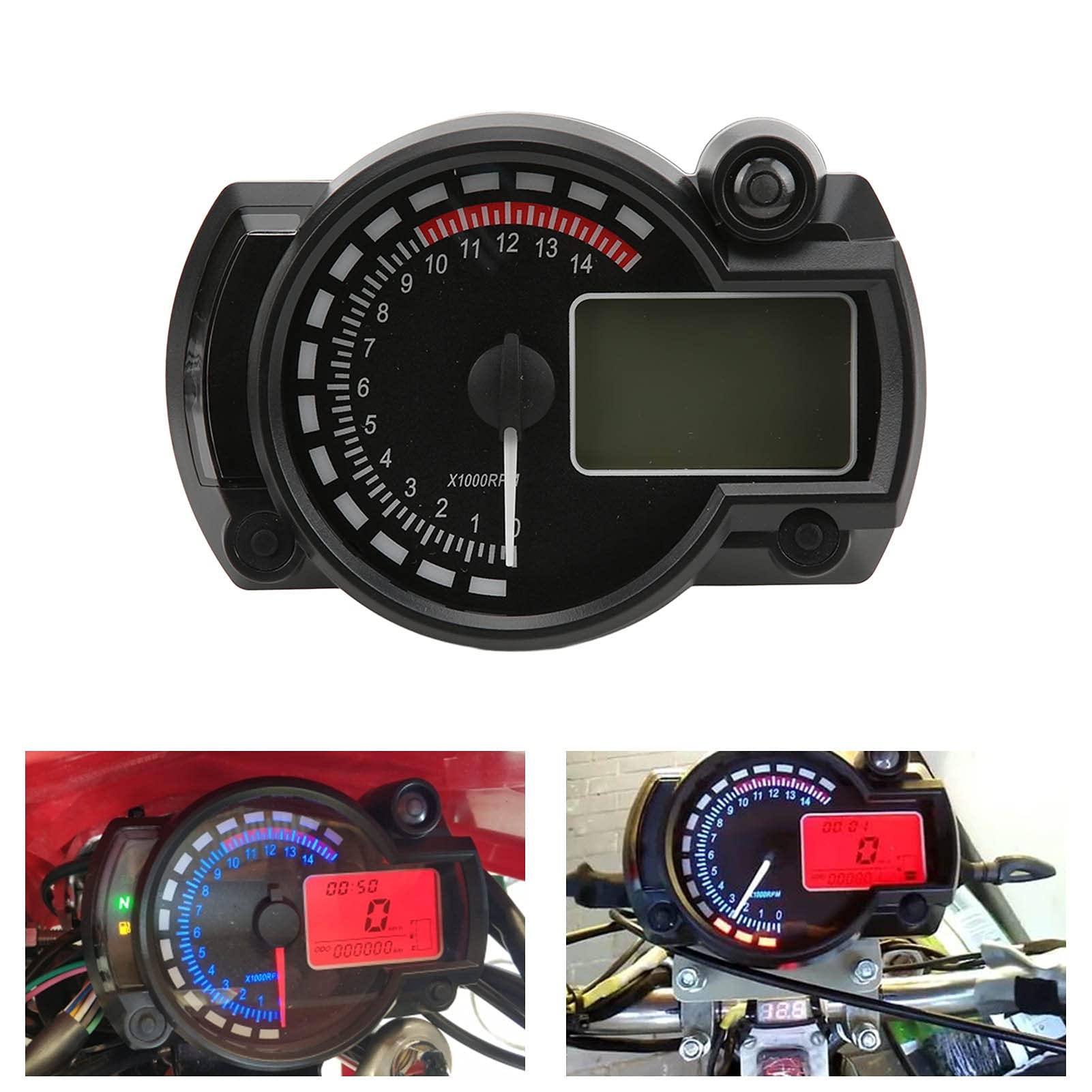 Contachilometri contachilometri per moto, contagiri LCD universale per veicoli a 12 V, display RPM regolabile con portata di 15000 giri/min, indicatore di chilometraggio per moto,
