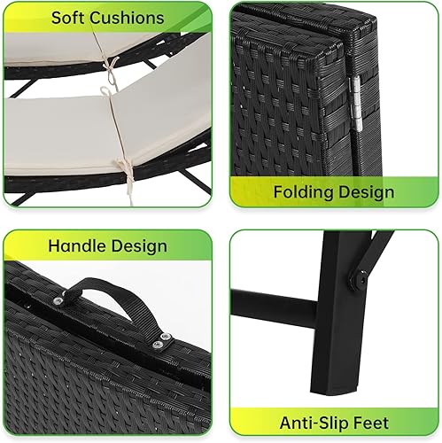 Miniatura 5 de Juego de 3 sillas de bronceado de mimbre, sillas de playa portátiles, tumbonas de ratán para patio al aire libre con 3 respaldos ajustables, cojines