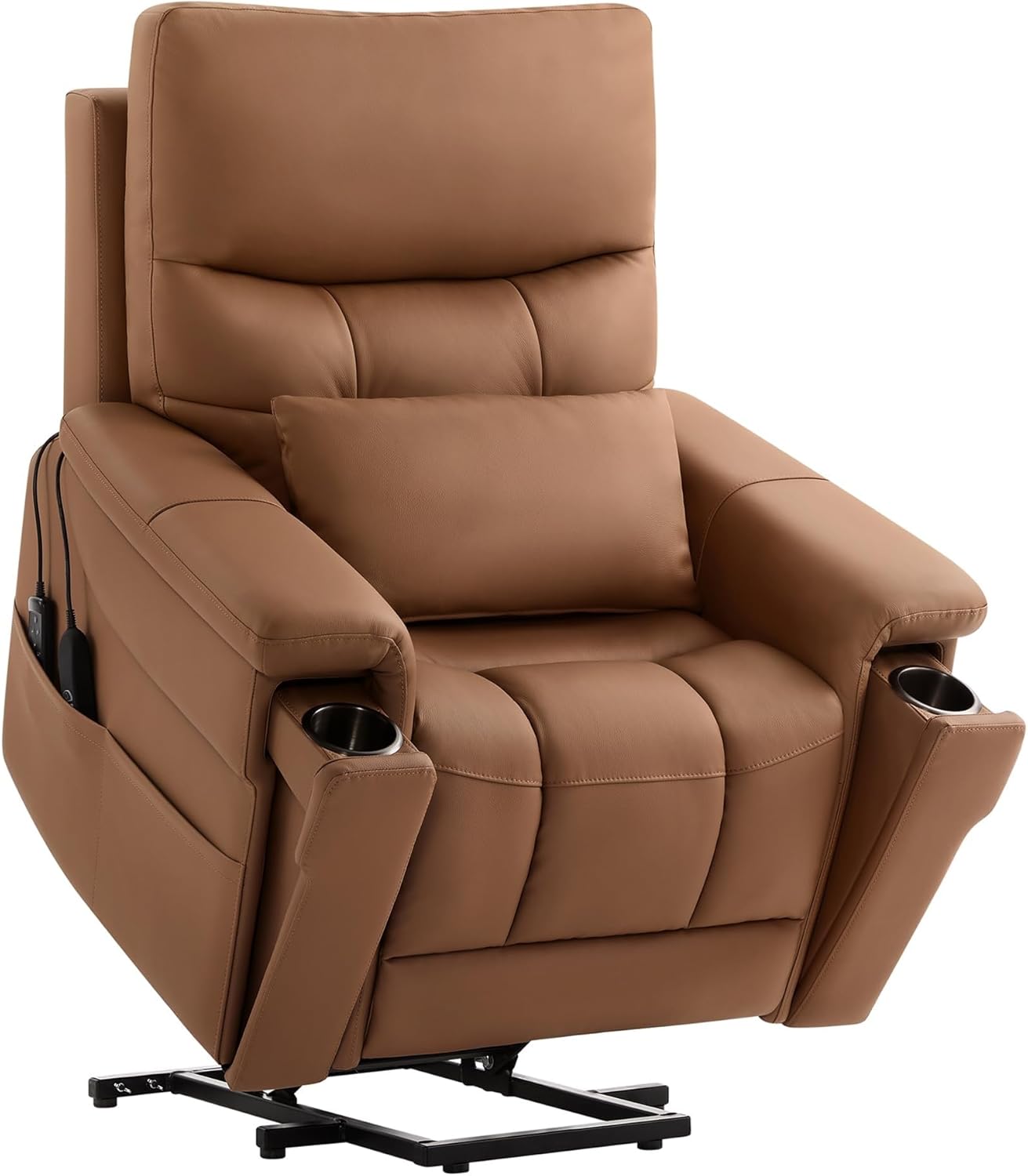 Genuine Leather Electric Lift Chairs with Power Headrest for Elderly with Heat and Massage Side Pockets Power Lift Recliner Chair Cup Holder, Removable Lumbar Pillow