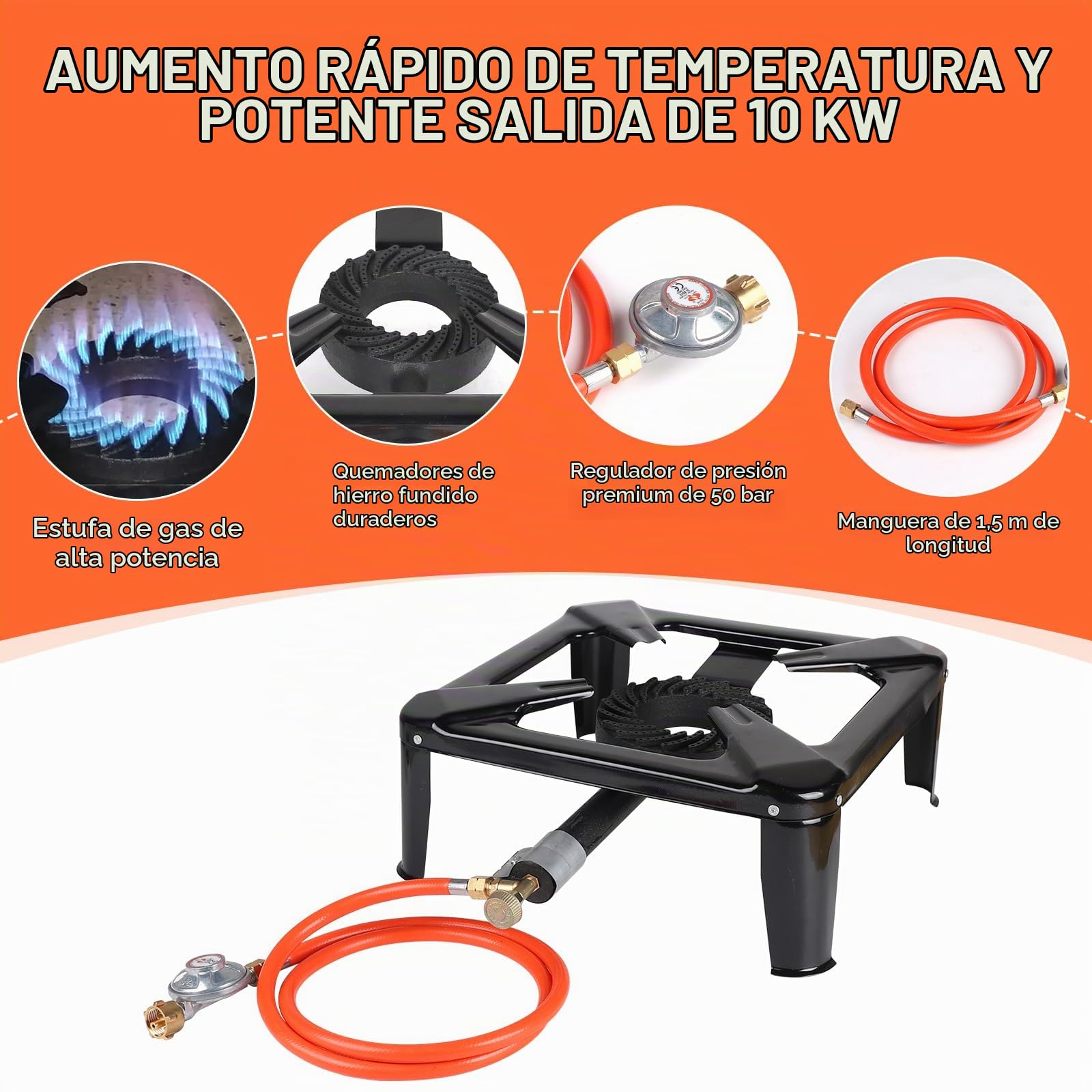 CPROSP Hornillo de Gas Hierro Fundido 10kw, Quemador Gas Butano con 1,5m Manguera y Regulador Presión 50mbar, Cocina Gas Camping para Outdoor Acampada