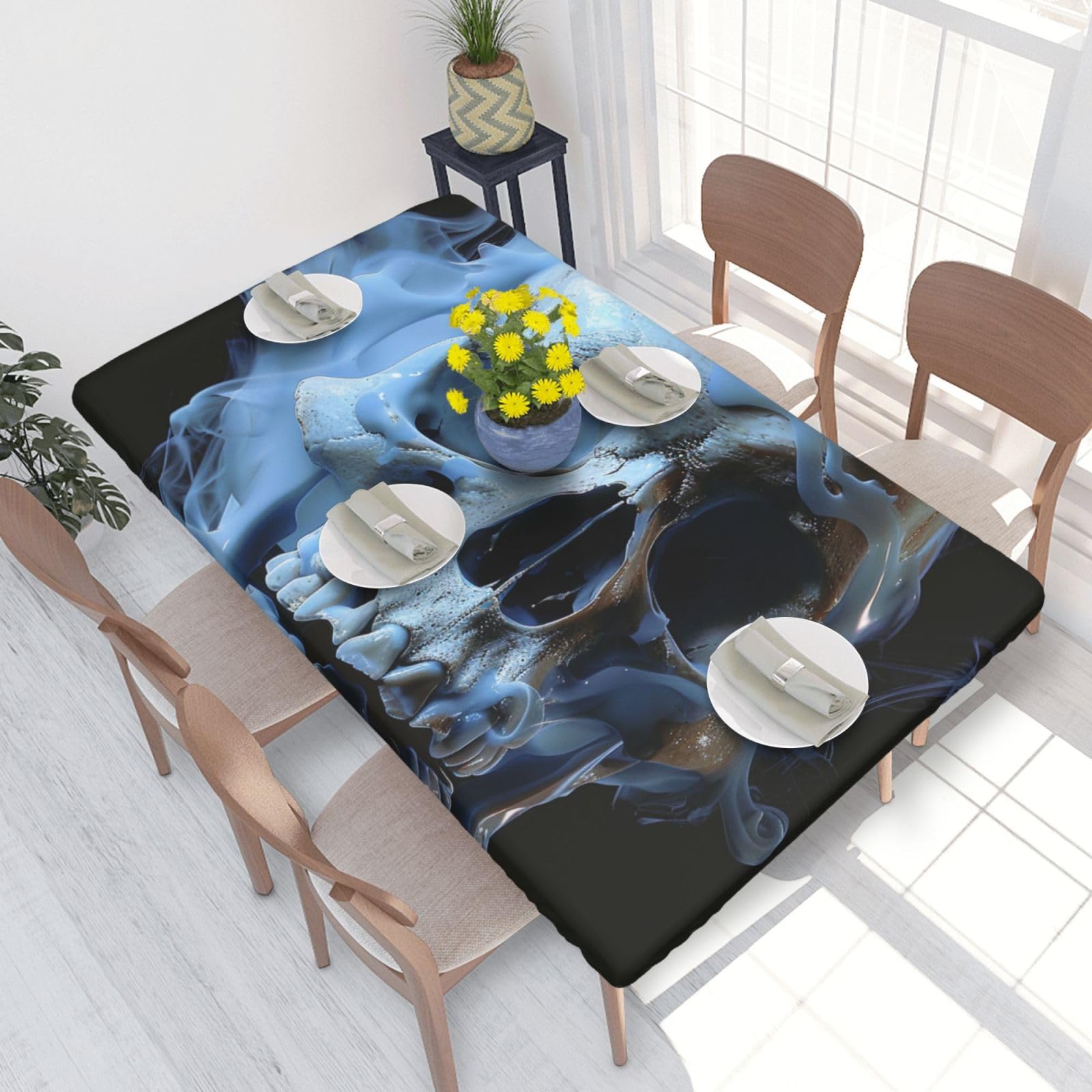 DCARSETCV Skull Printed 4FT Waterproof Tablecloth with Elastic Edged Protect & Decor Your Table, Oil-proof Washable Table Cloth Cover for Dinner Picnic Party