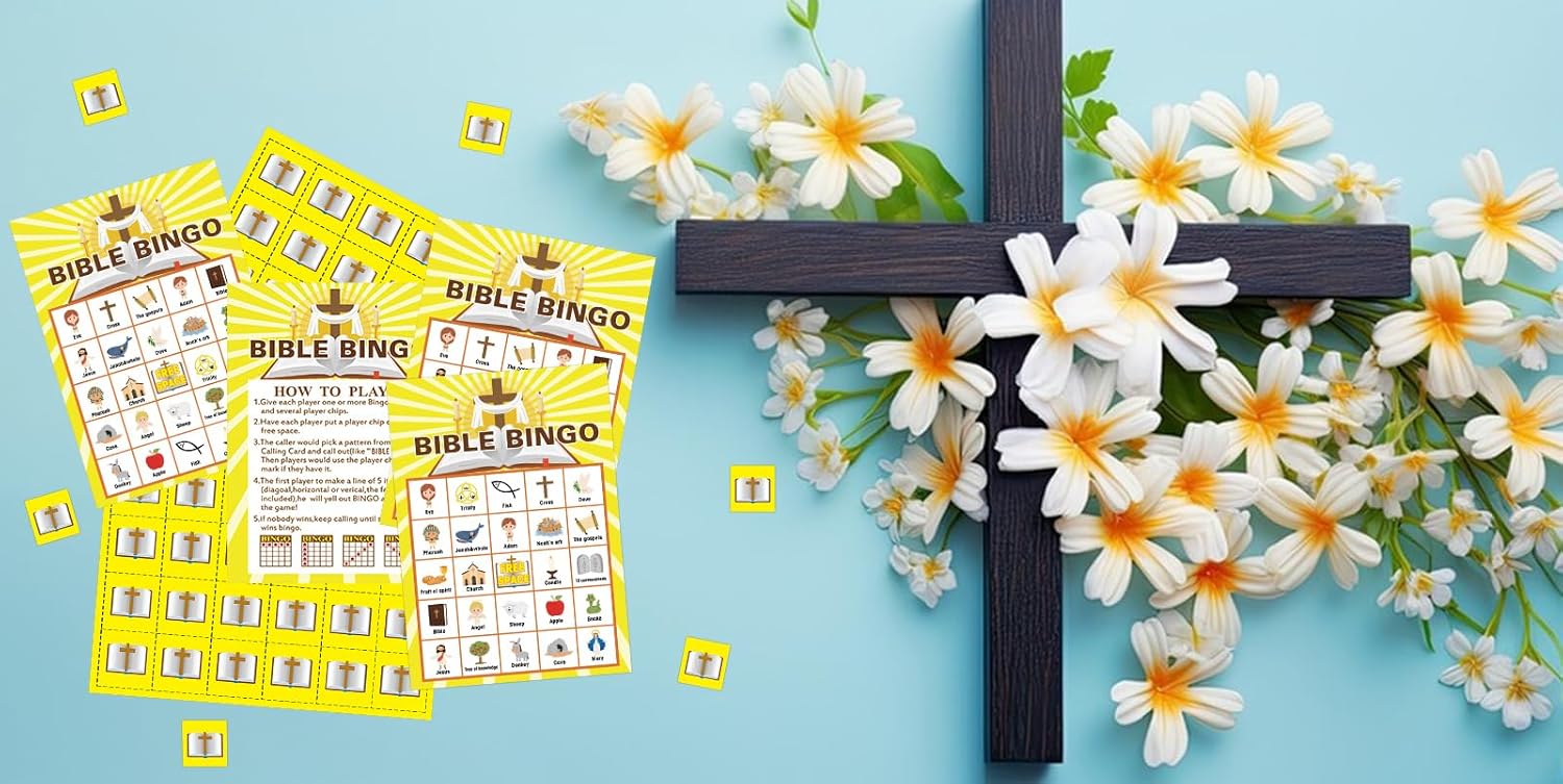 FLYAB Bible Bingo Game for Kids - 26 Players Christian Bingo Cards Set with Cross Chips - Faith Based Religious Activities for Vacation Bible Sunday School Church Youth Group Easter Christmas Party