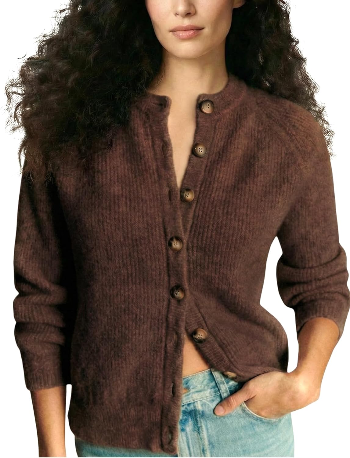 Wyeysyt Womens Crewneck Cardigan Sweater Chunky Knit Sweater Button Down Loose Casual Cardigan