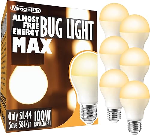 Miracle LED 12 W casi libre de energía LED Bug Light MAX Amarillo Spectrum E26 A19 Bombilla mediana para exteriores para porche patio y cubierta