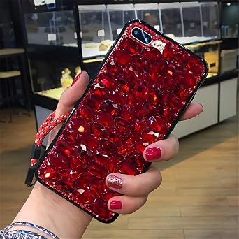 Luxury 3D Handmade Sparkle Stunning Stones Rhinestone Bling Diamond Glitter Case for Samsung Galaxy J7 2018/J7 Aero/J7 Aura/J7 Top/J7 Refine/J7 Eon/J7 Star/J7 Crown/J737Full Red