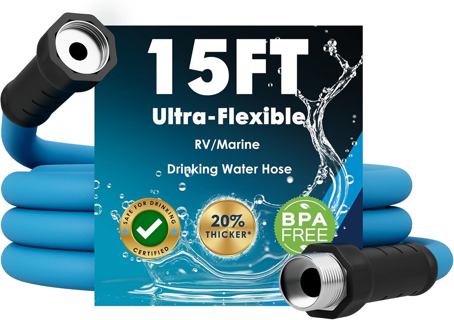 AAIN 15 FT RV Water Hose with Storage Bag, 5/8" Premium Lead‑Free Drinking Water Hose, Heavy Duty, No‑Kink Flexible Design, Ideal for RV, Camper, Truck, Garden – Blue
