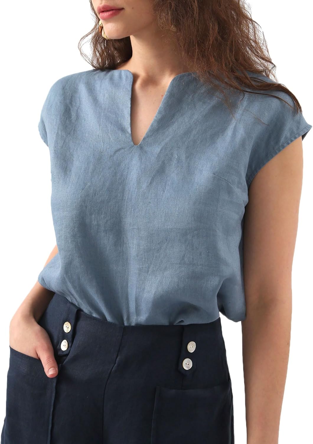 Amazhiyu Women's 100% Linen V Neck Cap Sleeve Blouse Basic Casual Summer Top - Image 3