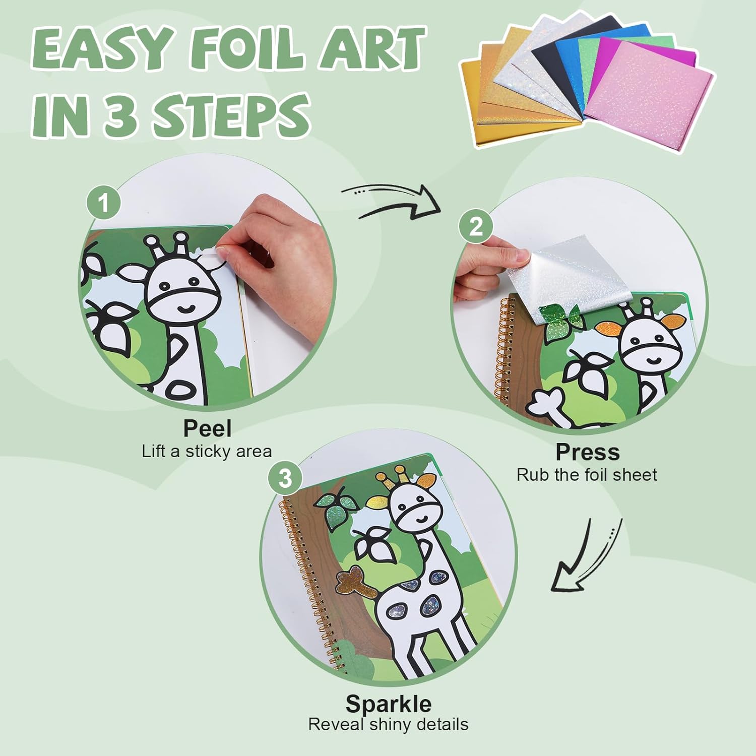 NewFamily Peel & Stick Foil Art Kit for Kids - Colorful Foil Sheets, No Glue & No Mess, Ages 5-10, Perfect for Creative Fun,School Projects &Birthday Gifts (Animals