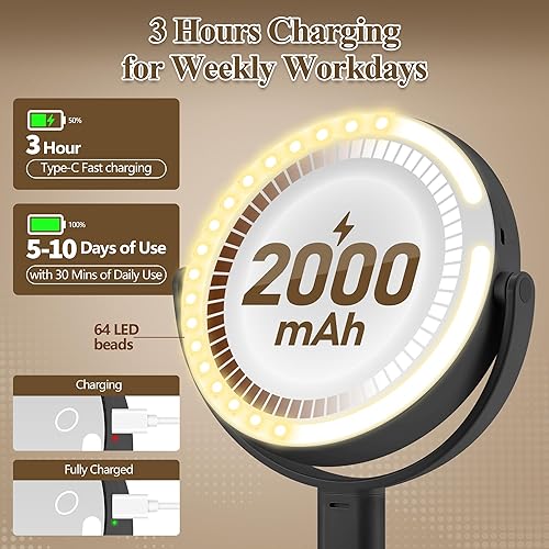 Vista 15 de Espejo de maquillaje con luces, espejo de aumento de doble cara 1x/20x con luz, recargable de 3 luces de color y brillo ajustable, rotación de 360°