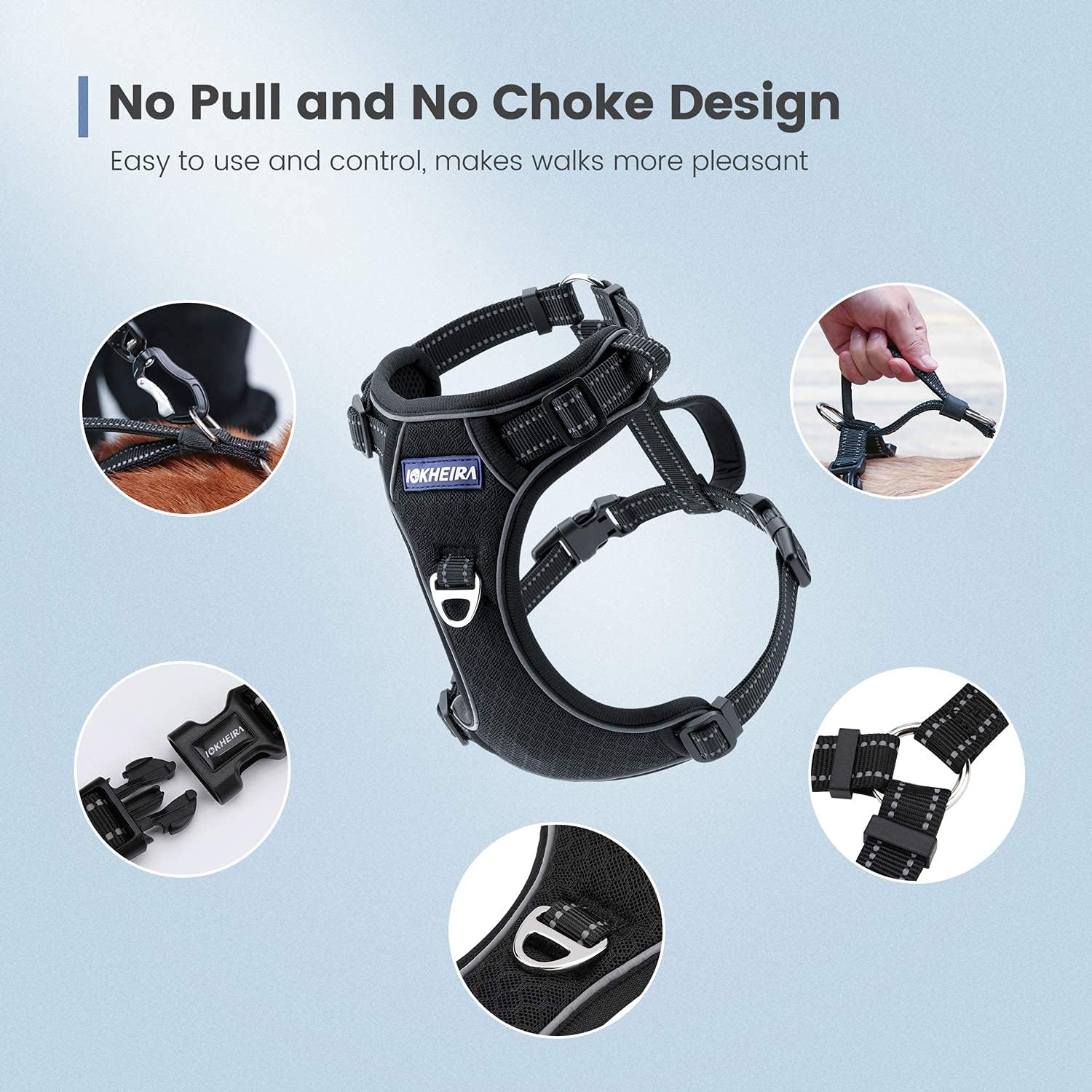 IOKHEIRA Dog Harness, Dog Harness for Medium Dogs No Pull, Adjustable Soft Padded Dog Vest with 3 Leash Clips, Reflective No-Choke Safety Harness with Easy Control Handle for Large Dogs Black