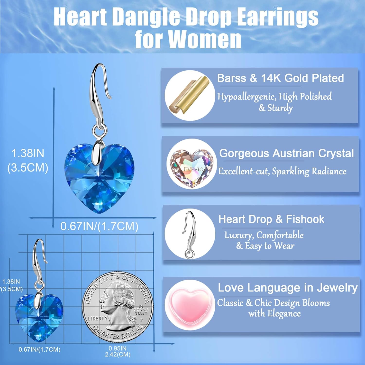 Austrian Crystal Heart Dangle Hook Earrings for Women Drop Earrings 14K Gold Plated Hypoallergenic Jewelry - Image 6