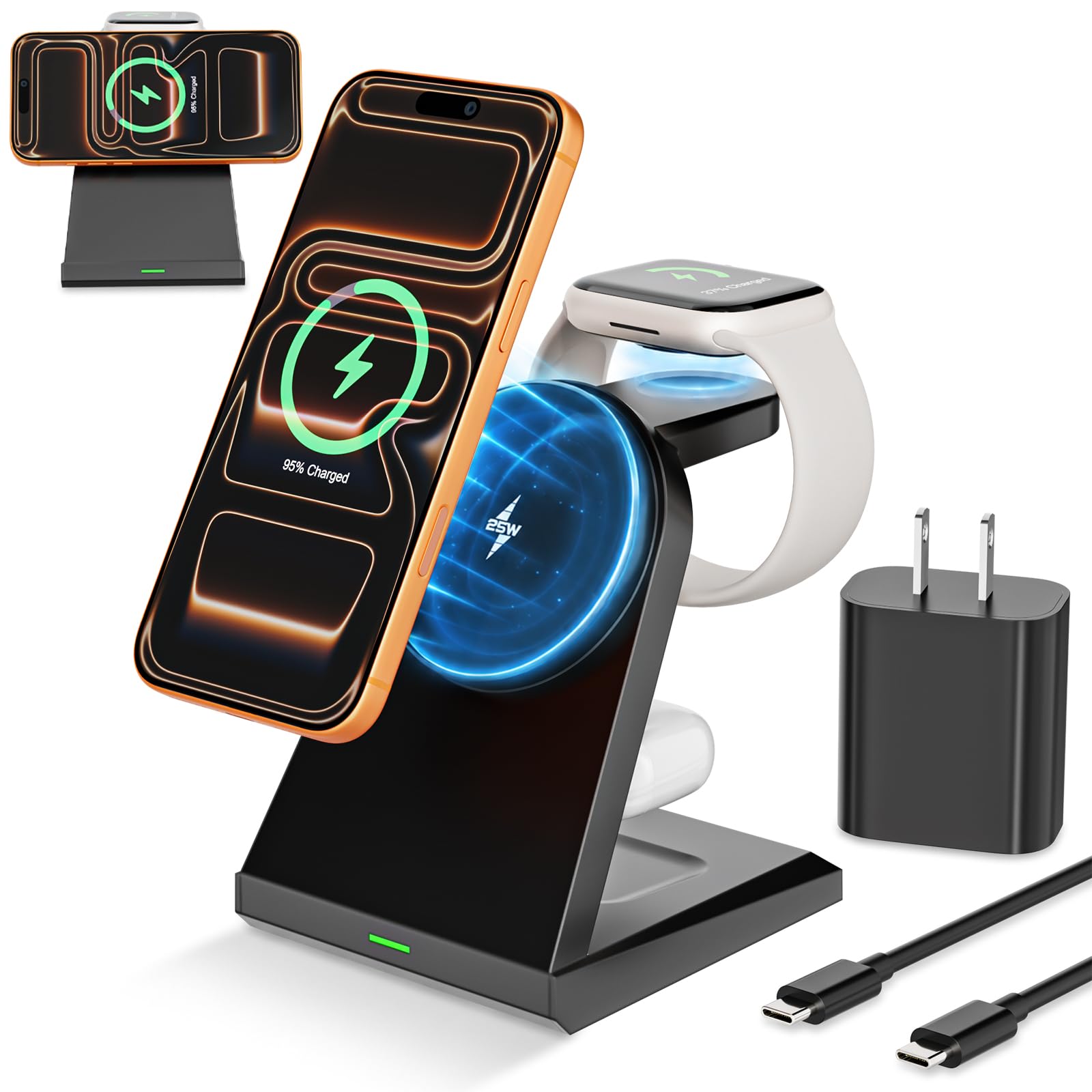Magnet Wireless iPhone Charging Station,3 in 1 Fast 25W Magnetic Phone Charger Stand & 35W USBC Wall Charger Adapter & 3FT USBC Cable Fast Charging for iPhone 17/16/15/14/13/12/Plus/Pro/Airpods/iWatch