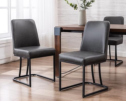 Miniatura 2 de Juego de 2 sillas de comedor modernas negras de mediados de siglo, sillas de comedor tapizadas de piel sintética con marco de metal con acabado