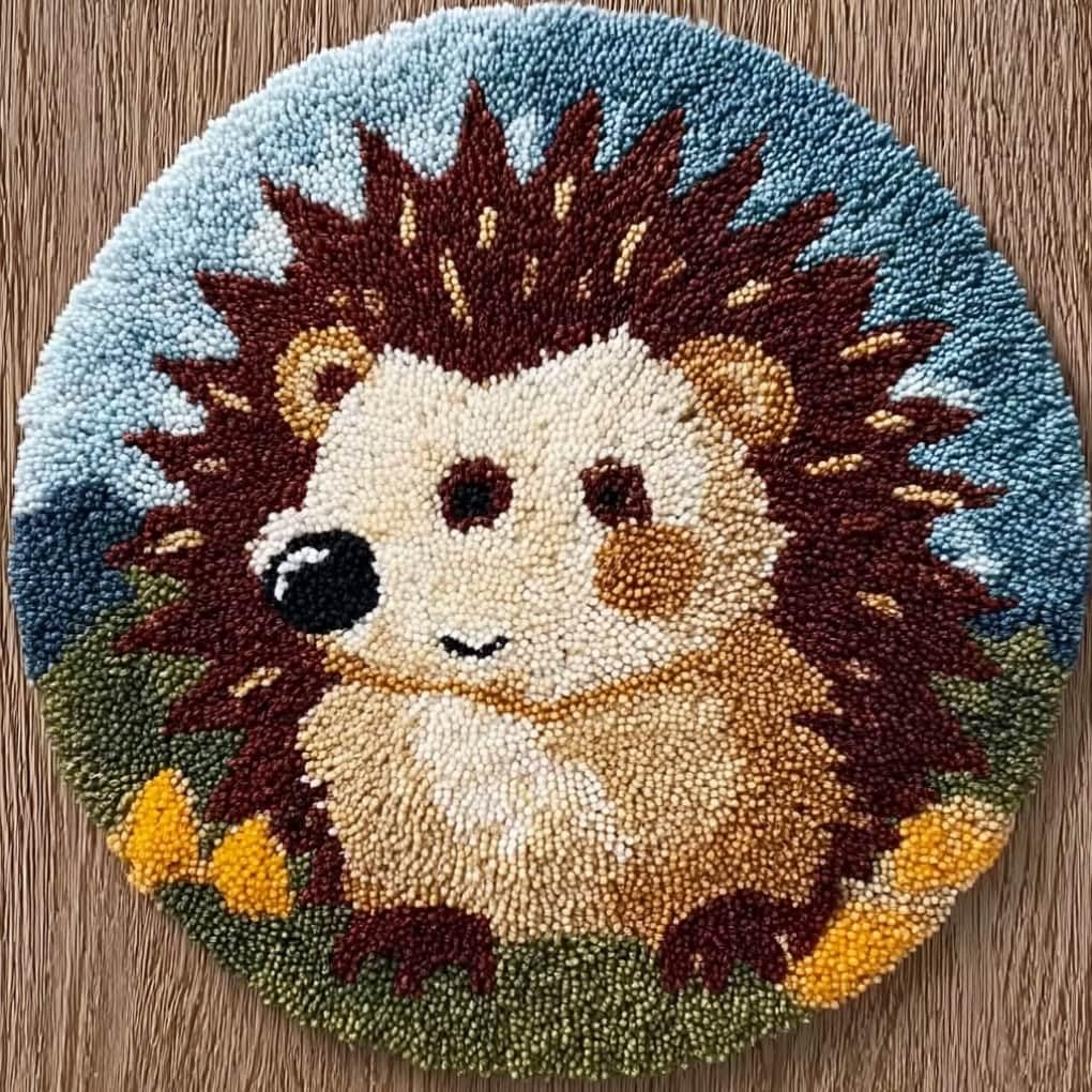 kitphoenix Round Shape Latch Hook Kits Rug Hedgehog DIY Cushion Rug Carpet Making Crochet Hook Kits Preprinted Pattern Canvas Cushion Yarn Hooking Kits Mat Kits 50X50Cm