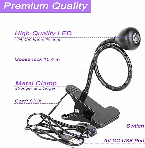 Miniatura 5 de GREENIC Lámpara UV de cuello de cisne para uñas, 3W 395nm-405nm, pequeña luz negra USB mejorada, DC 5V Mini luz de curado UV con abrazadera para