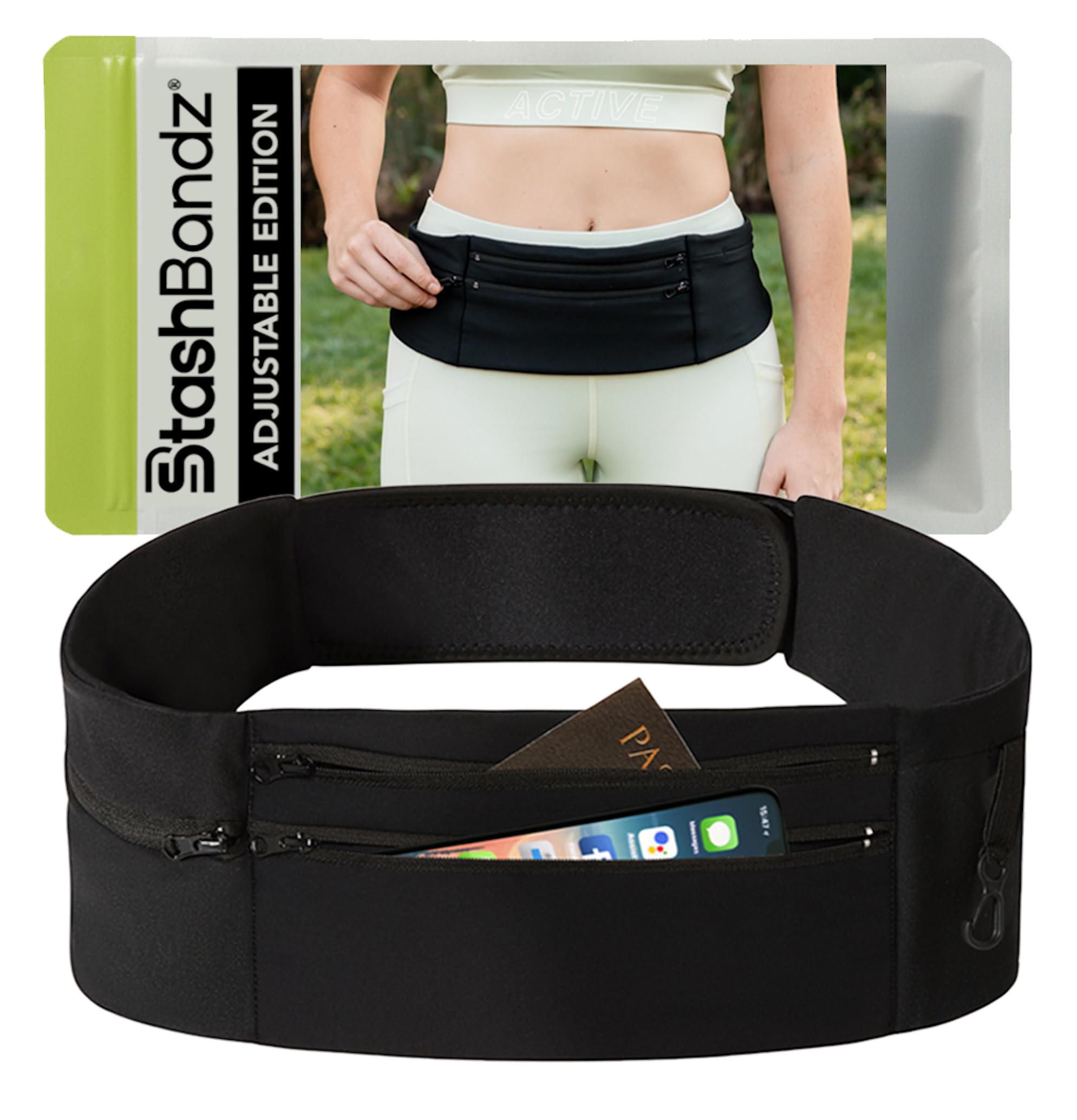 StashBandz Running Belt Money Belt, 3 Large Zippered Pockets | Fanny Pack - Adjustable No-Bounce, 1 Waterproof Pocket, Water Bottle Holder, Key Clip,