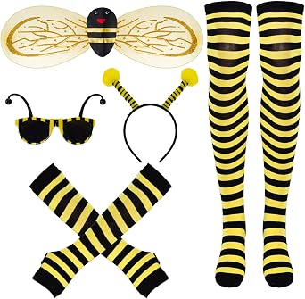 baotongle 5pcs Bee Costume Set for Women Bee Wings Antenna Headband with Yellow Sunglasses Striped Knee Thigh High Socks Arm Warmer Long Gloves for Mardi Gras Carnival Cosplay Hallloween