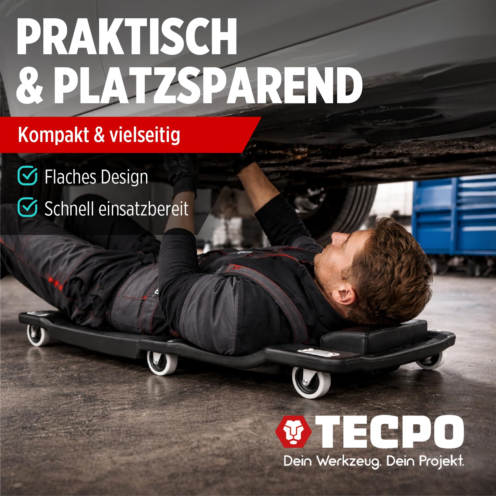 TECPO Werkstattrollbrett 1030 mm lang + Werkstatthocker 120 kg Montageliege Rollsitz 360 Grad drehbar