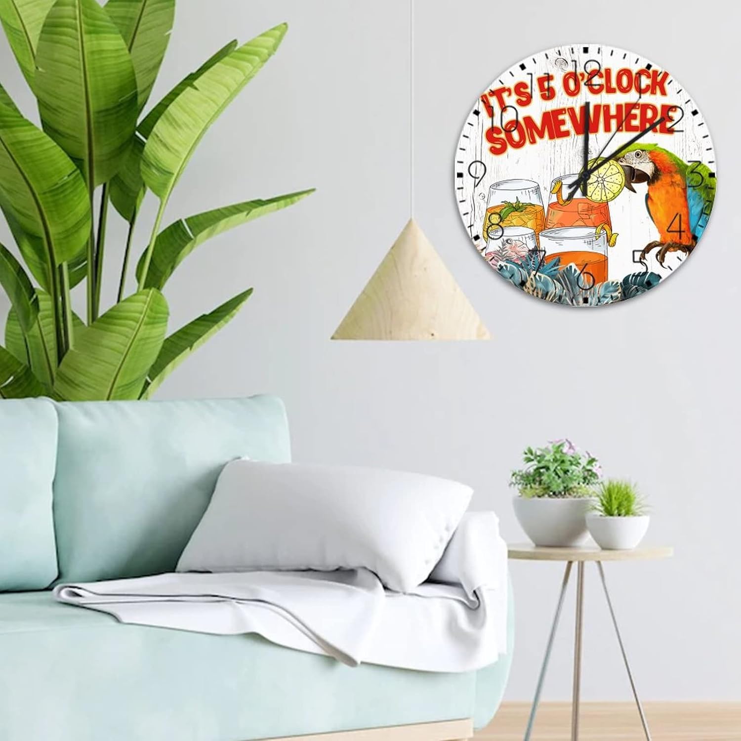Minimalist Wood Clock Non-Ticking Quartz Battery Operated It's Five O'clock Somewhere Decorative Wall Clocks Beer Bar Club Glass Parrot Wall Decor for Entryway Kids Room Garden 15 Inch