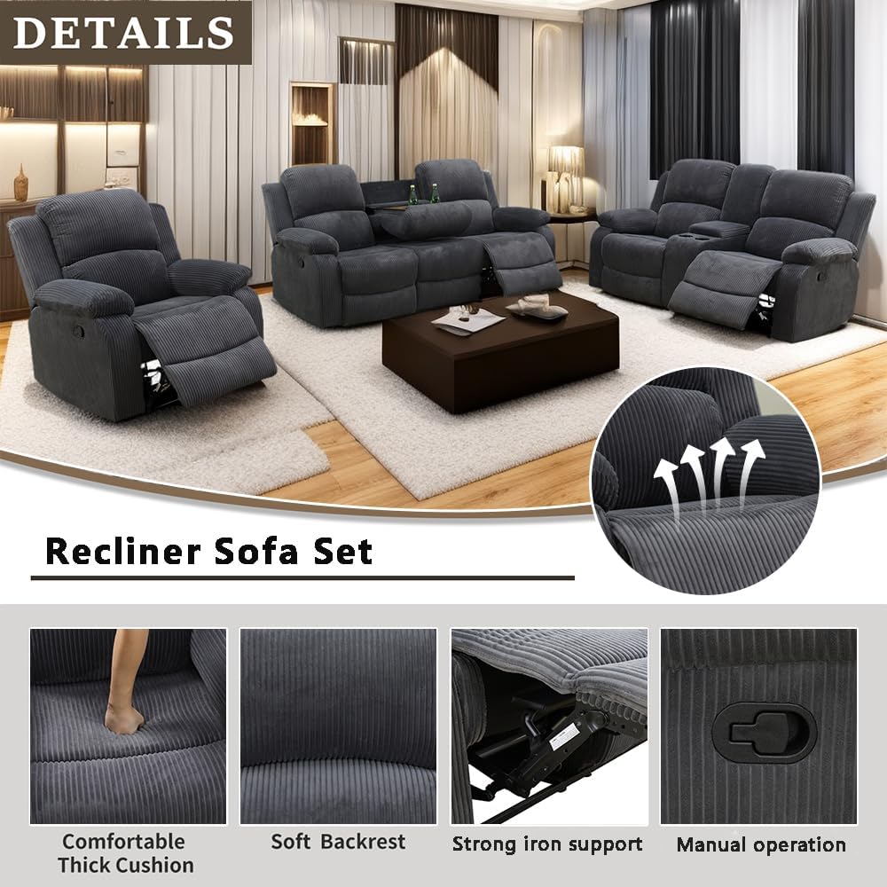 A Ainehome Living Room Furniture Set Recliner Sofa Set Loveseat Chair Furniture Sofa Set Grey Corduroy for Living Room/Rv/House/Theater Seating (A-Dark Grey Corduroy, 3 Piece Set)