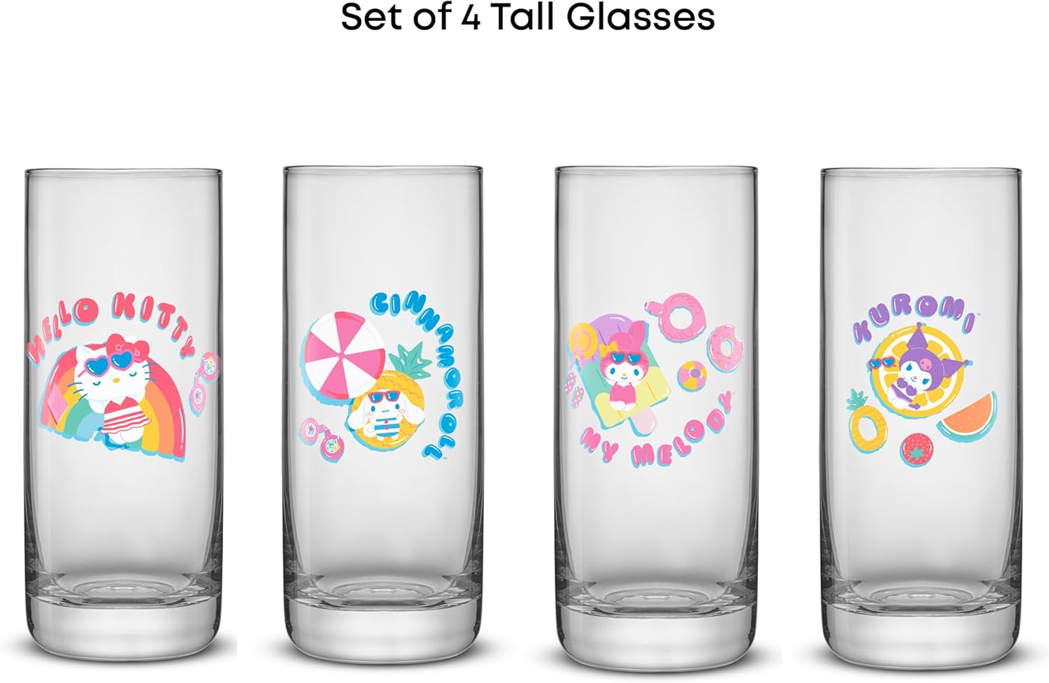 JoyJolt Sanrio Hello Kitty and Friends Pool Party Tall Drinking Glasses, 13oz Kitchen Glass Cups Set of 4, Slim/Thin Glass Tumblers, Kawaii Hello Kitty Stuff