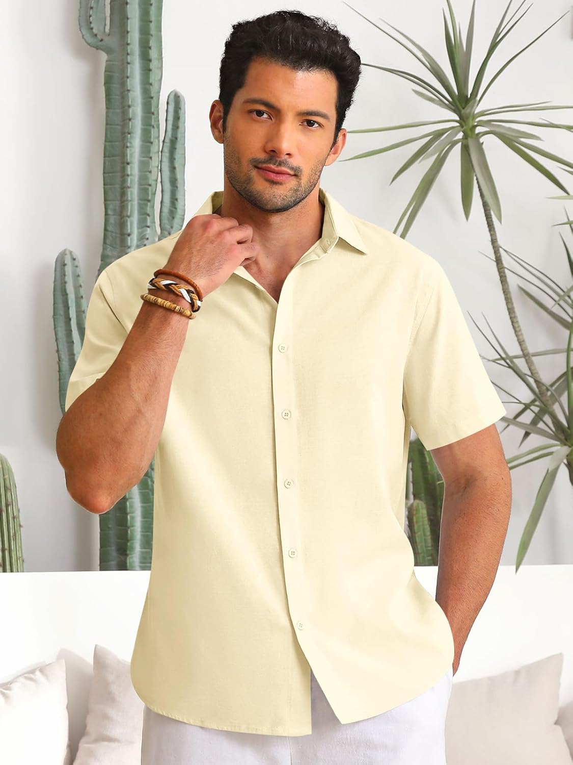 Runcati Mens Button Down Linen Shirts Short Sleeve Casual Collared Summer Beach Untucked Tops - Image 2