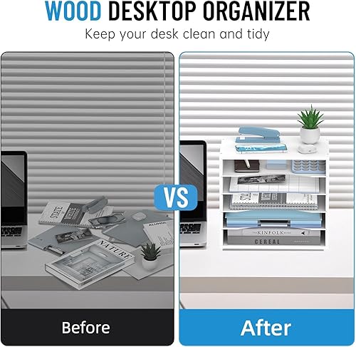 Miniatura 6 de Organizador de escritorio de madera de 5 niveles, organizador de bandeja de papel para escritorio con estantes de almacenamiento ajustables,