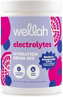 Wellah Electrolytes Powder (Blueberry Pomegranate) 50 Servings - Hydration Drink Mix, 7 Vitamins & Minerals, Zero Sugar