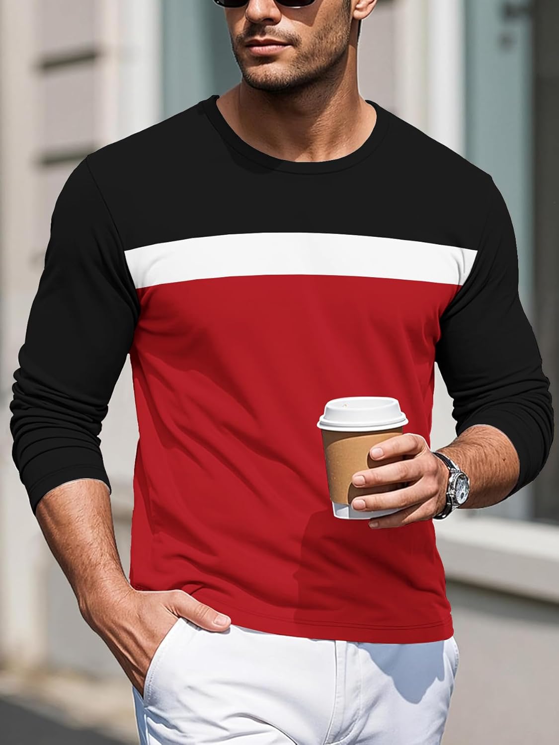Men's Long Sleeve Tee Shirts Color Block Striped Pullover Casual Round Neck Fitness Sports Basic Tops - Image 2