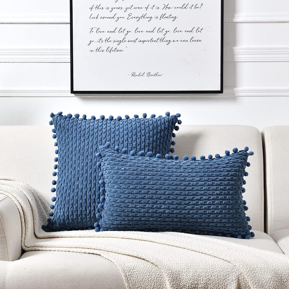 Fancy Homi Set of 2 Dusty Blue Decorative Throw Pillow Covers 24x24 Inch with Pom-poms for Couch Bed Sofa, Modern Farmhouse Boho Home Decor, Soft Plush Corduroy Cute Cushion Case 60x60cm