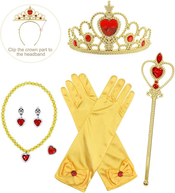 Febbabe Princess Belle Dress Up Party Accessories for Halloween Cosplay Costume Gloves Tiara Wand Necklace Earrings Bracelet and Ring Gift 6PCS Set