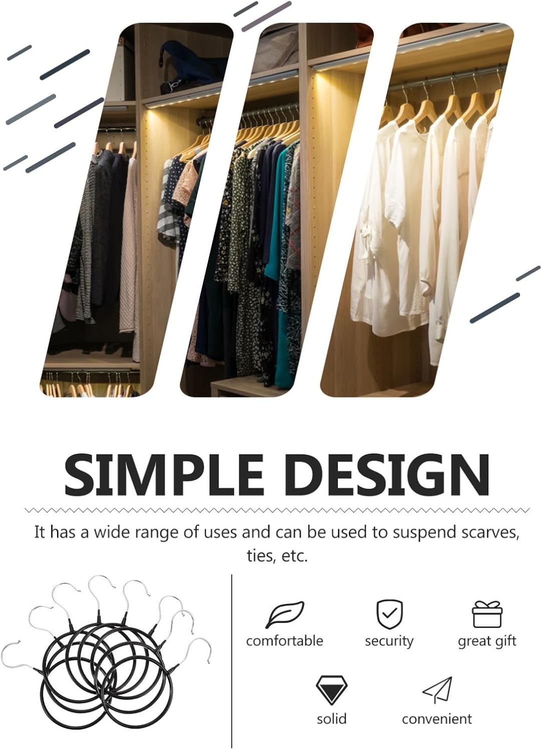 8pcs Black Large Scarf Holder and Tie Hanger Set, Iron Wire Plastic Coated Scarf Organizer Rings for Closet Storage and Household Accessory Organization