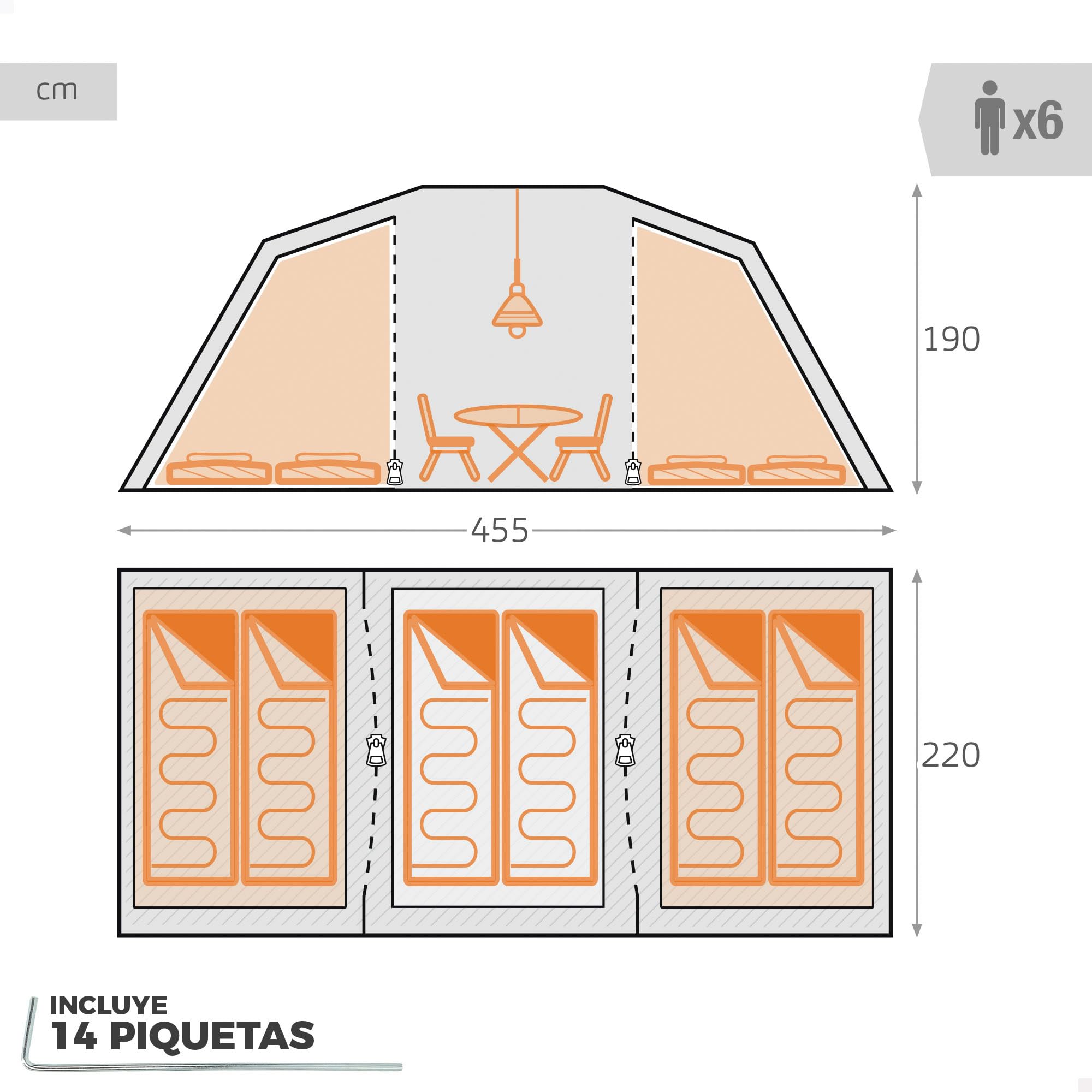 AKTIVE Tente de Camping pour 6 Personnes, 2 Chambres, 455 x 220 x 190 cm, Polyester, tiges en Fibre de Verre, moustiquaires, imperméable, 14 piquets, Sac de Transport, tentes de Camping (63188)