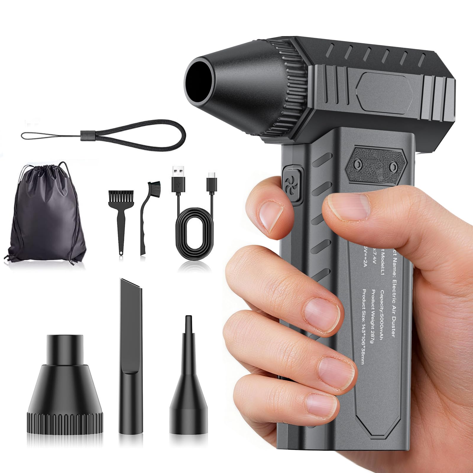 Souffleur Air Comprimé avec Buse Amovible, 180000 TR/Min Dépoussiérants Puissants électrique, 3 Vitesses Mini Air Comprimé Duster pour PC, Clavier, Voiture, Feuilles, Neige, Barbecue