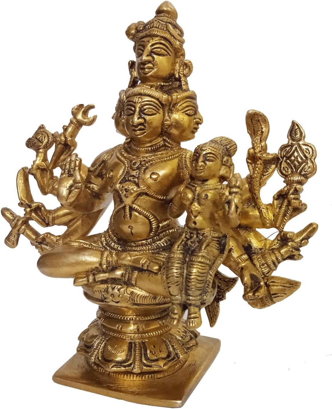 Purpledip Brass Idol Panchmukhi Shiva with Parvati: Rare Collectible Stature Lord Siva (12416)
