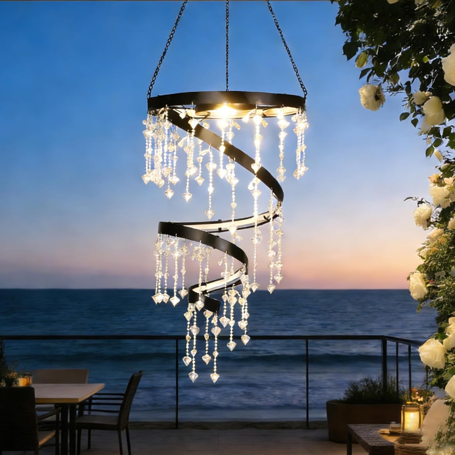 Solar Hanging Crystal Chandelier Outdoor Garden Decorative Lights Bright White 5ft LED Strip Waterproof Hanging Lantern for Valentine Gifts Garden Gazebo, Party, Wedding Style 2